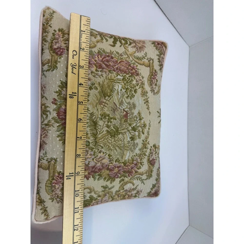 Vintage Floral Tapestry Throw Pillow Pastoral Cottage Scene Pink Roses 11x8.5